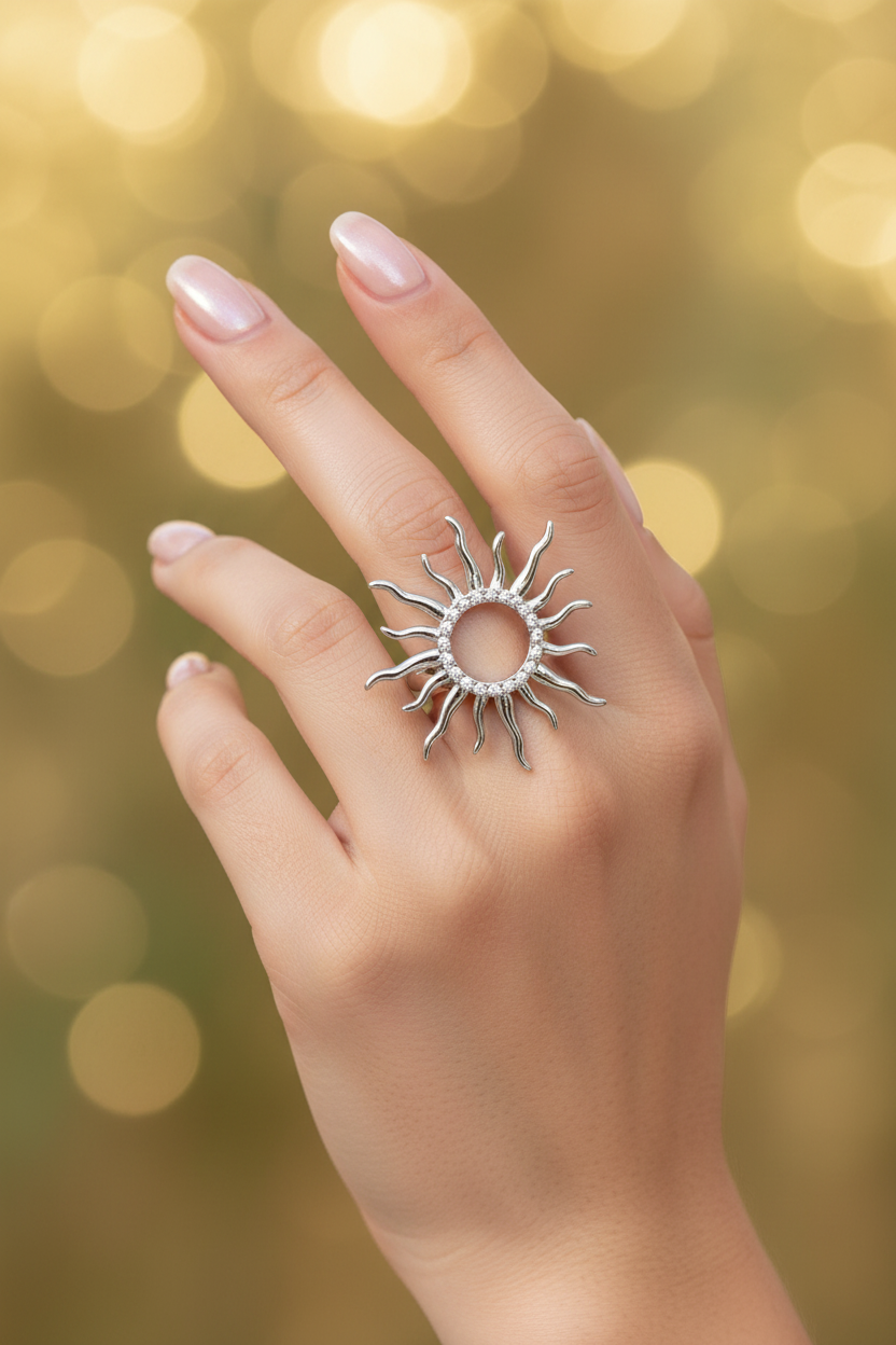 Silver sun-shaped ring on a hand with a blurred golden background