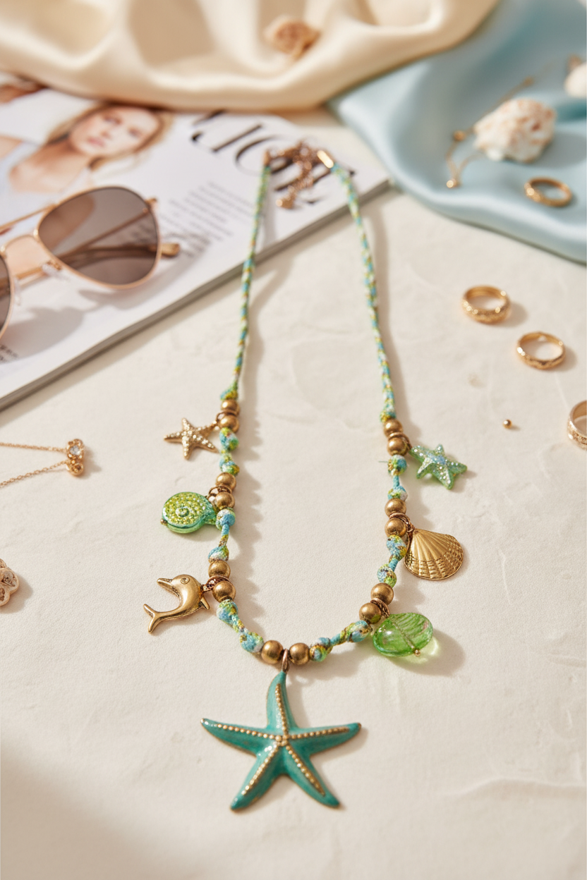 Κολιέ αστερίας με charms σε flatlay με κοχύλια και άμμο