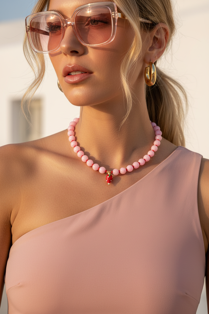 Woman wearing a pink beaded necklace and sunglasses with a blurred background