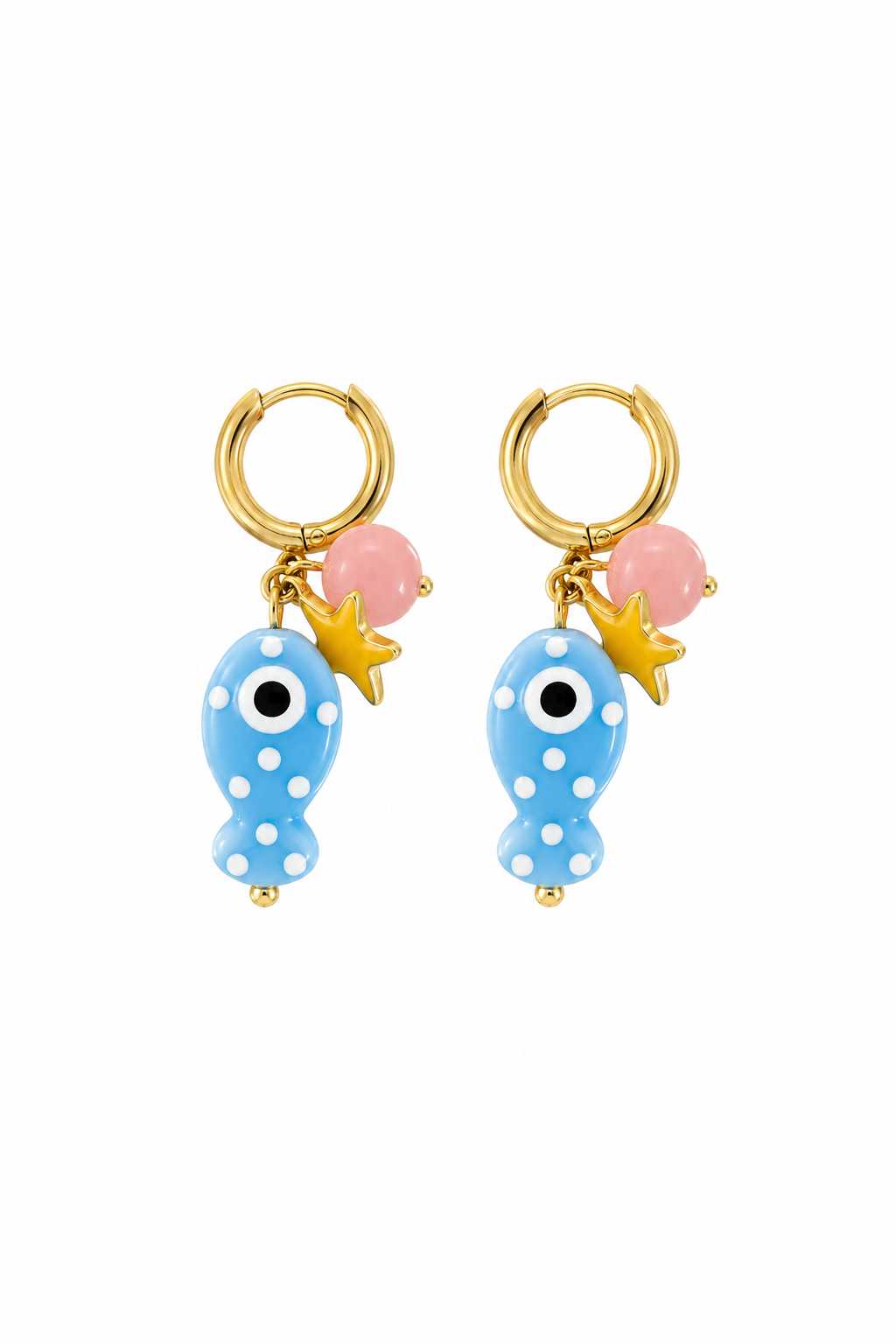 So Cute By Dimi Sunny Fish Hoops ατσάλινα σκουλαρίκια με κεραμικό τυρκουαζ ψαράκι, χάντρα και μεταλλικό αστεράκι