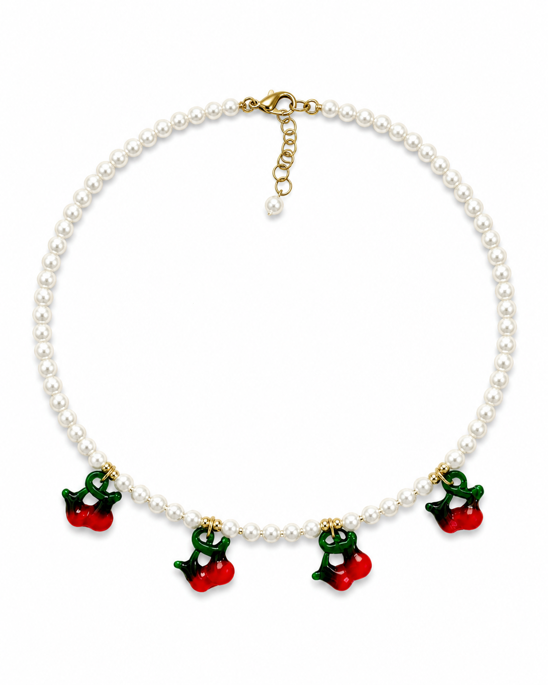 Sweet Cherry Pearl Necklace σε τέλειο κύκλο με πέρλες και κερασάκια σε λευκό φόντο