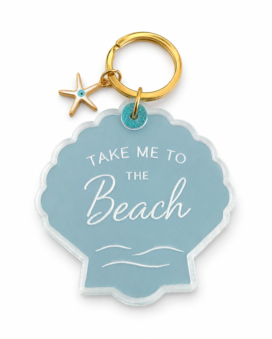 Keychain with 'Take Me to the Beach' tag and starfish charm on a white background