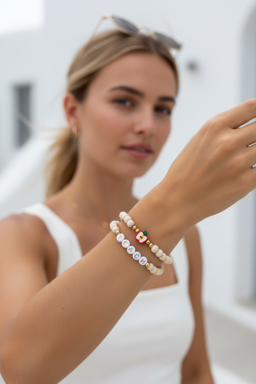 Γυναικείο χέρι που φορά το Apple Teacher Bracelets Set με ξύλινες χάντρες και στοιχείο μήλο, minimal καλοκαιρινό κόσμημα δώρο για δασκάλα by So Cute by Dimi