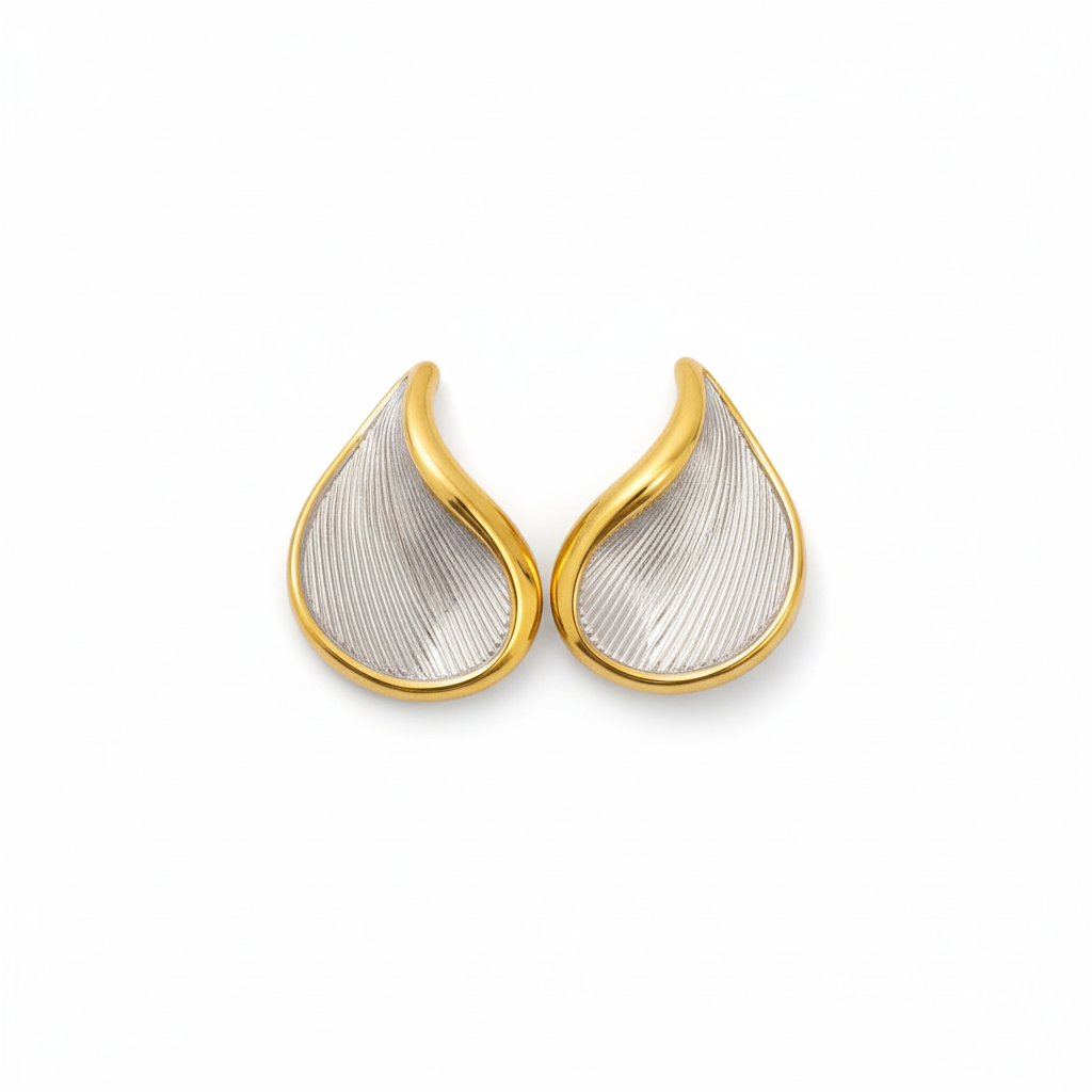 Two tone gold silver wave drop stainless steel earrings textured design