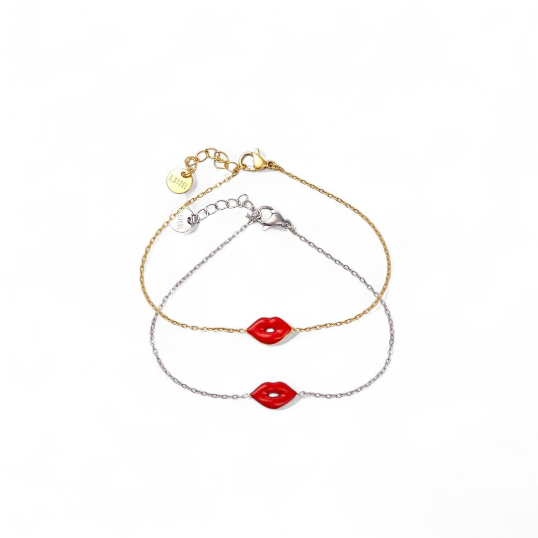 Ατσάλινο βραχιόλι Red Lips με κόκκινα χείλη από σμάλτο σε χρυσό και ασημί