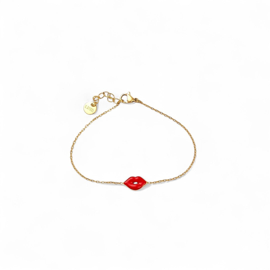 Ατσάλινο βραχιόλι Red Lips με κόκκινα χείλη από σμάλτο σε χρυσό