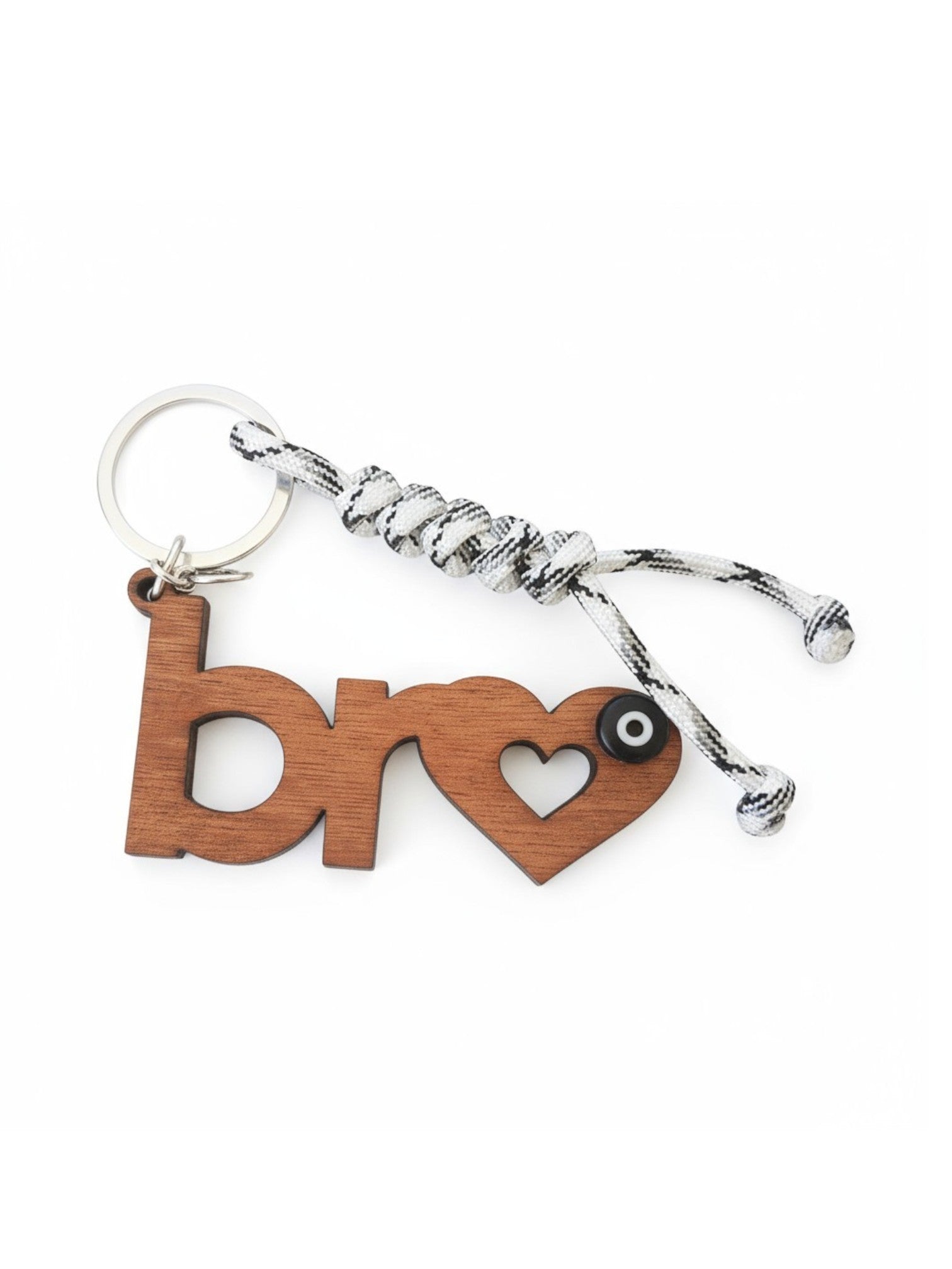 Wooden keychain with 'bro' letters and heart design on a white background
