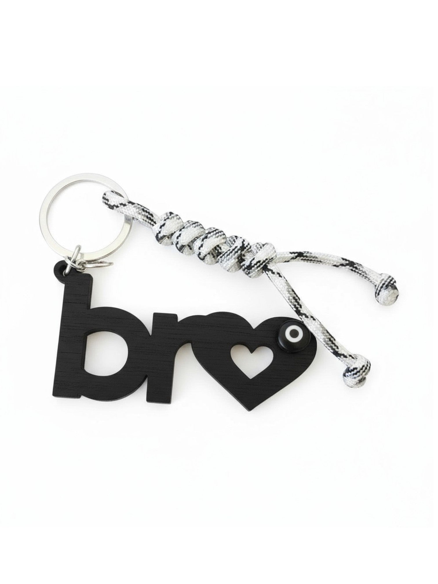 Keychain with 'bro' letters and heart symbol on a white background