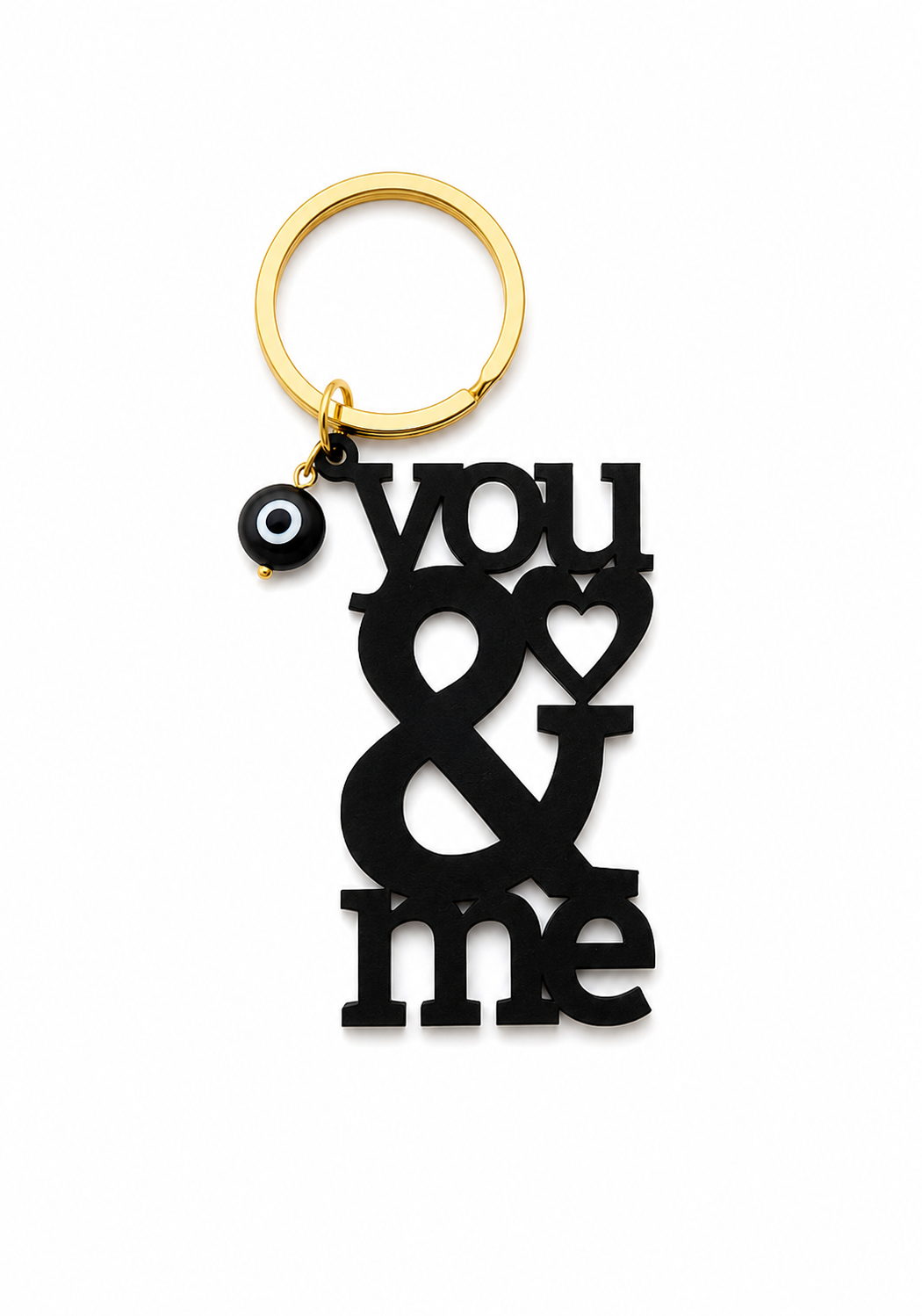 Μπρελόκ You & Me από πλεξιγκλάς με χρυσό κρίκο και διακριτικό ματάκι σε μαύρο, λευκό και κόκκινο από τη So Cute by Dimi.