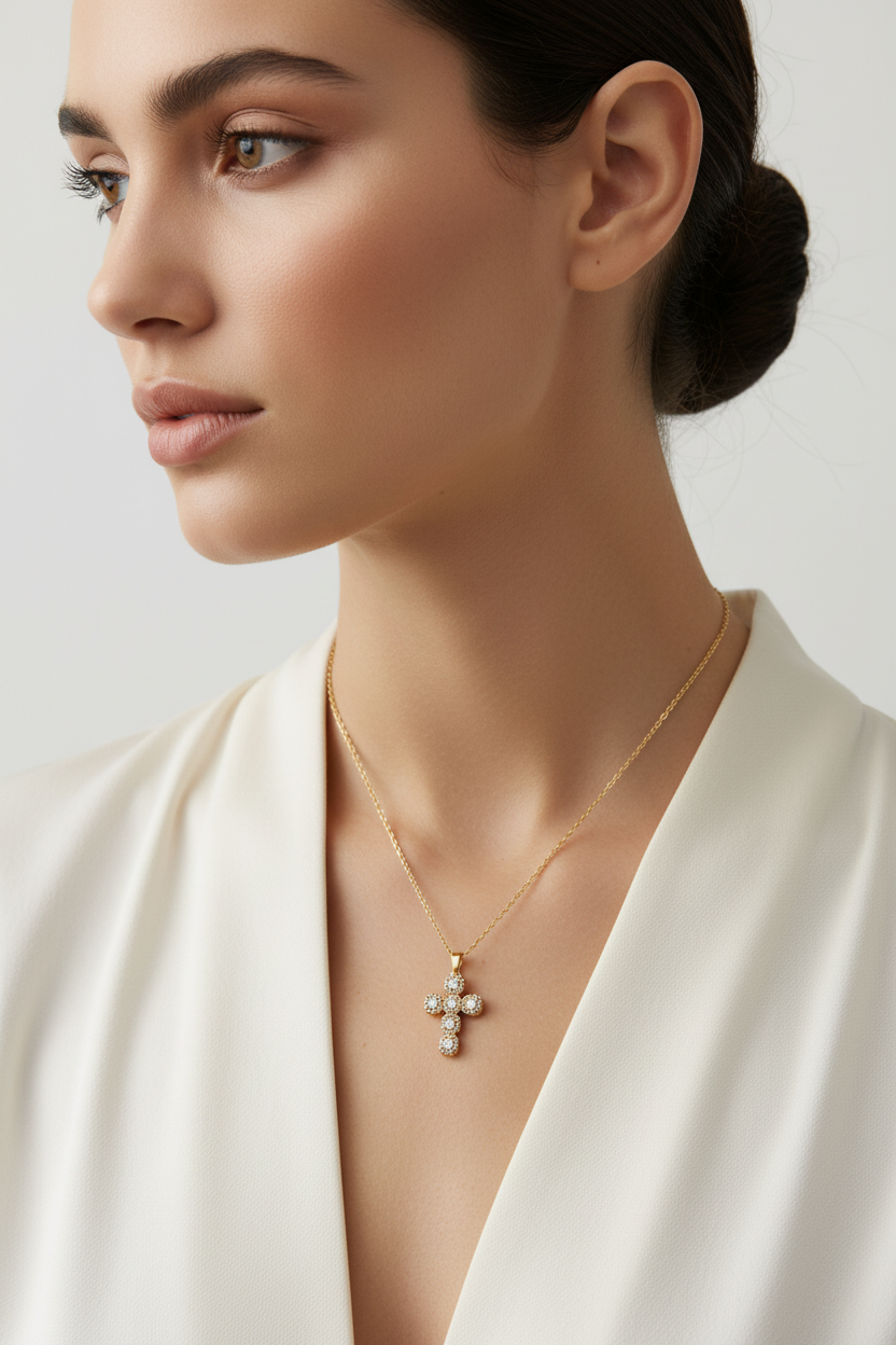 Luminous Cross ατσάλινο κολιέ με σταυρό ζιργκόν και στρας So Cute by Dimi