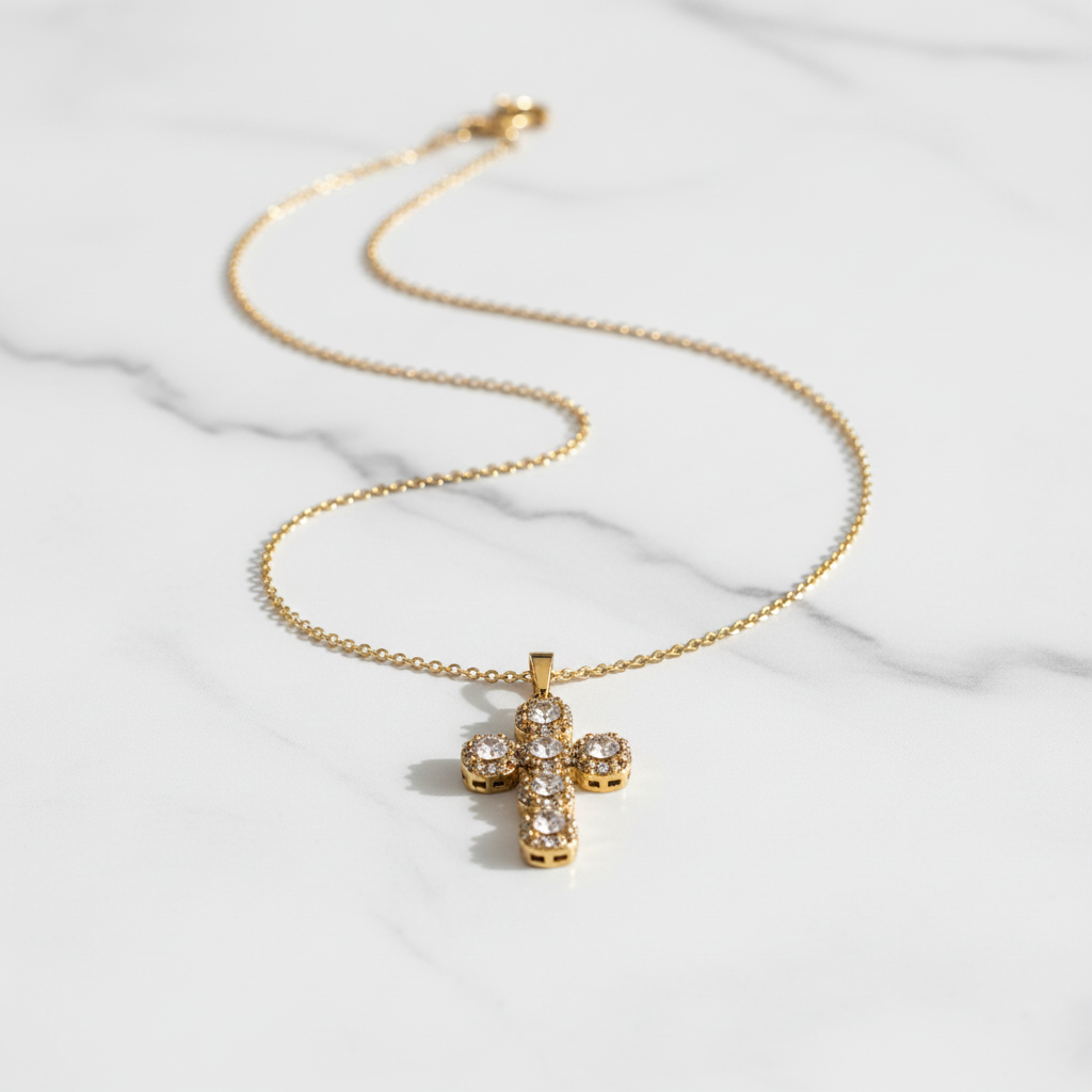 Luminous Cross ατσάλινο κολιέ με σταυρό ζιργκόν και στρας So Cute by Dimi
