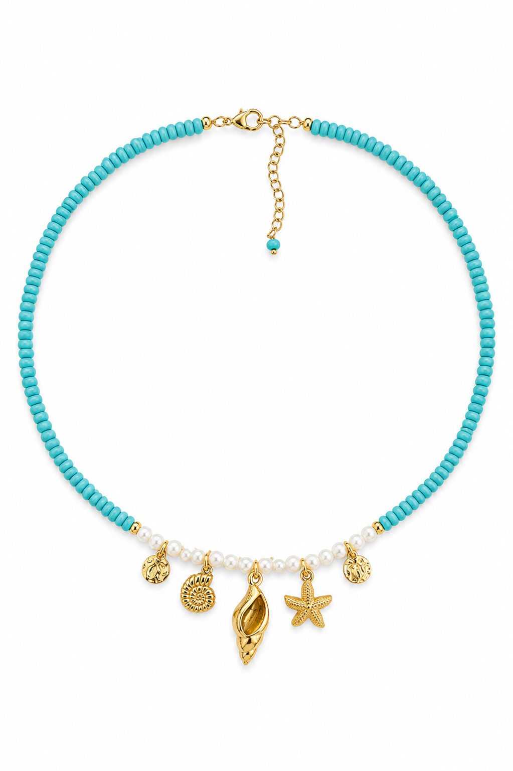 A turquoise beaded necklace with gold-tone charms shaped like a seashell, starfish, and seashells, accented by small white pearls, shown on a plain white background.