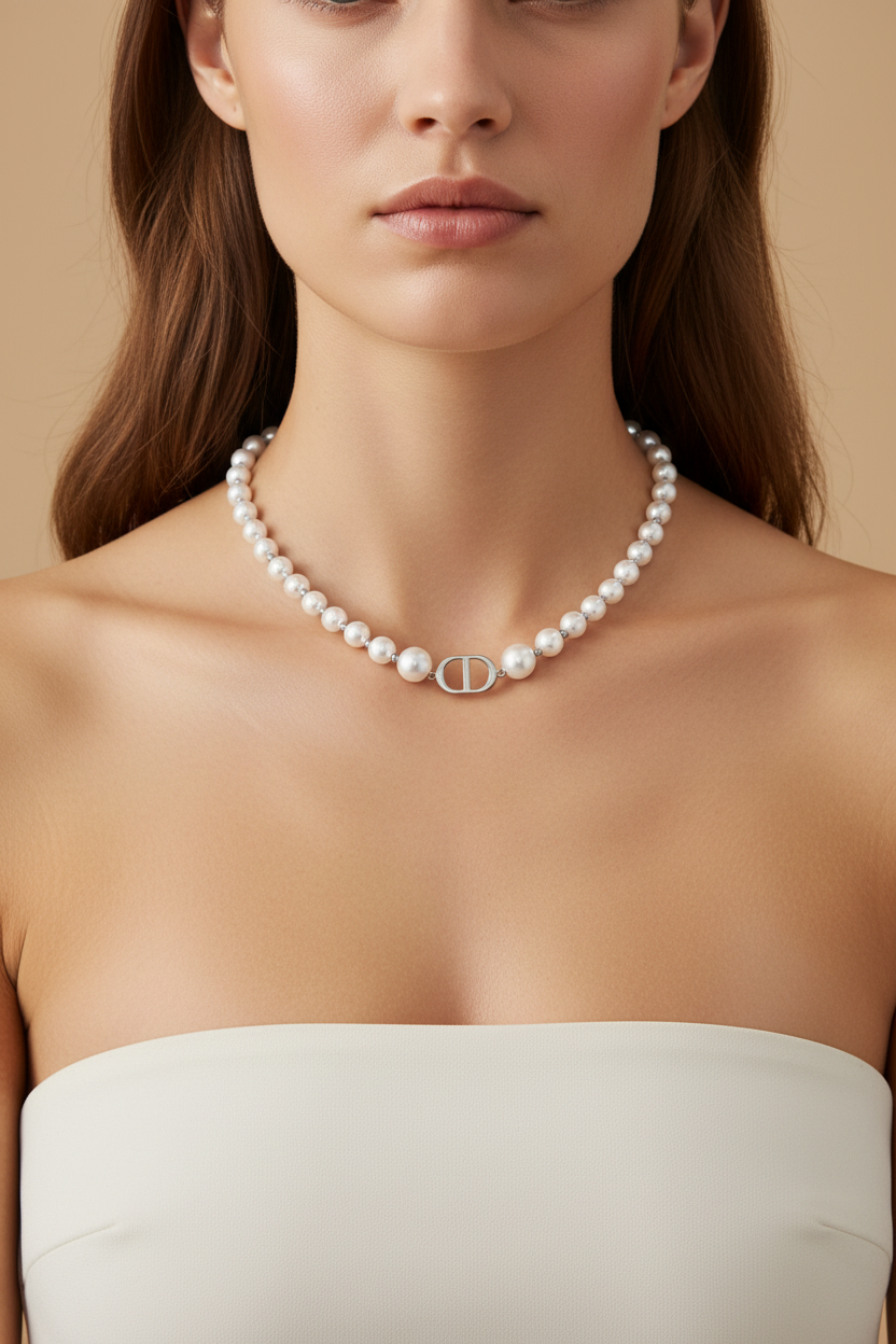 Woman wearing a pearl necklace with a beige background