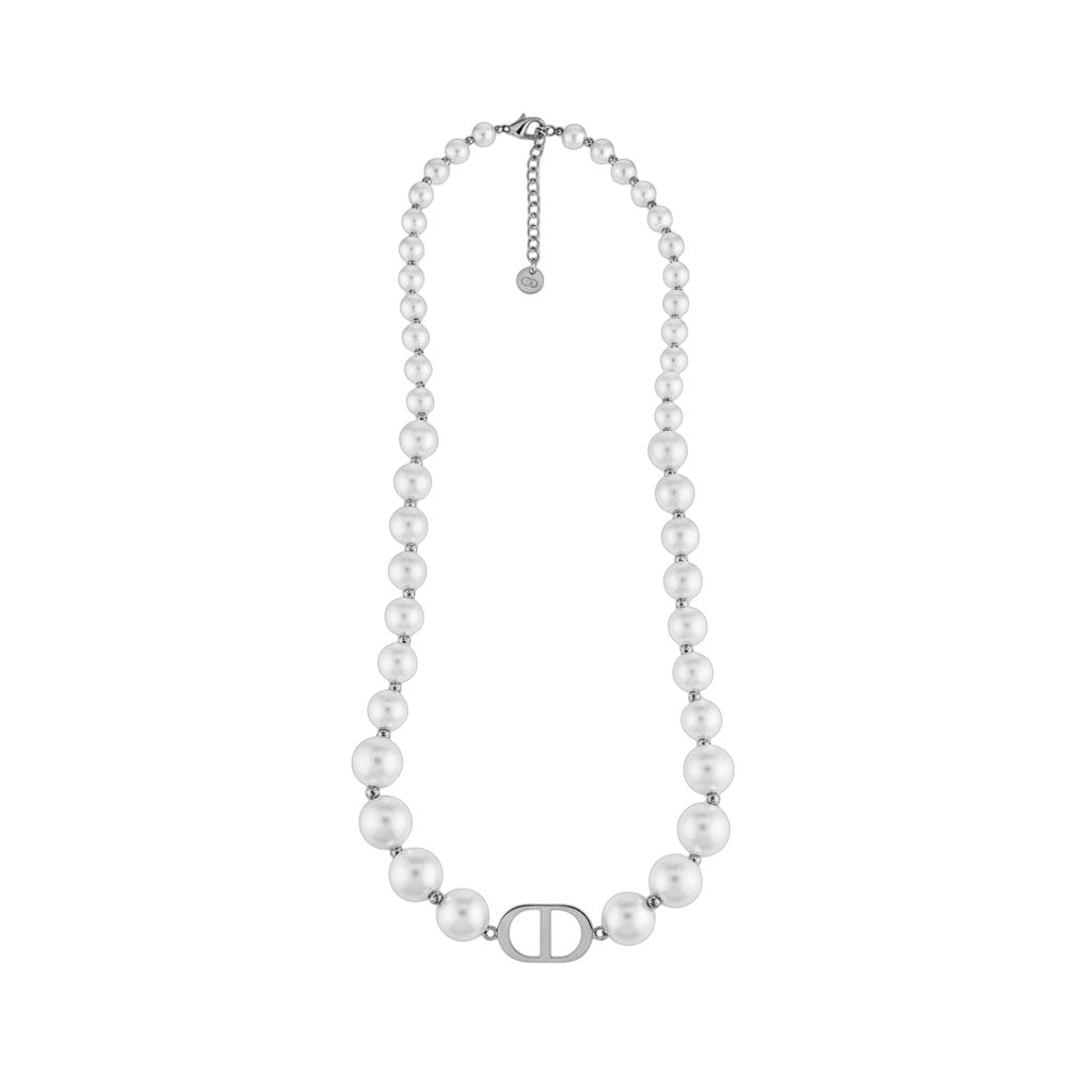 Pearl necklace with silver clasp on a white background