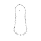 Pearl necklace with silver clasp on a white background