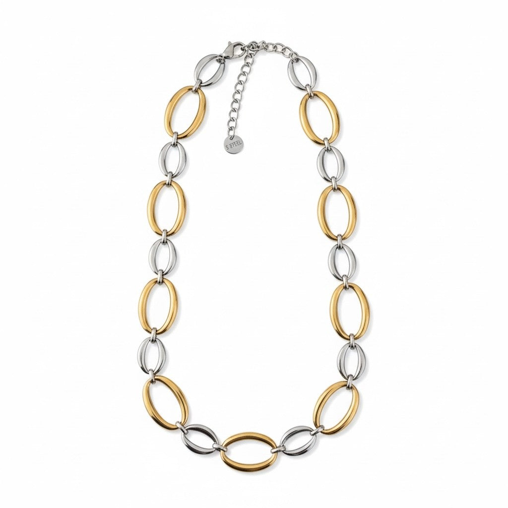 Ατσάλινο choker κολιέ με οβάλ κρίκους μικρού και μεγάλου μεγέθους σε δίχρωμο, So Cute by Dimi
