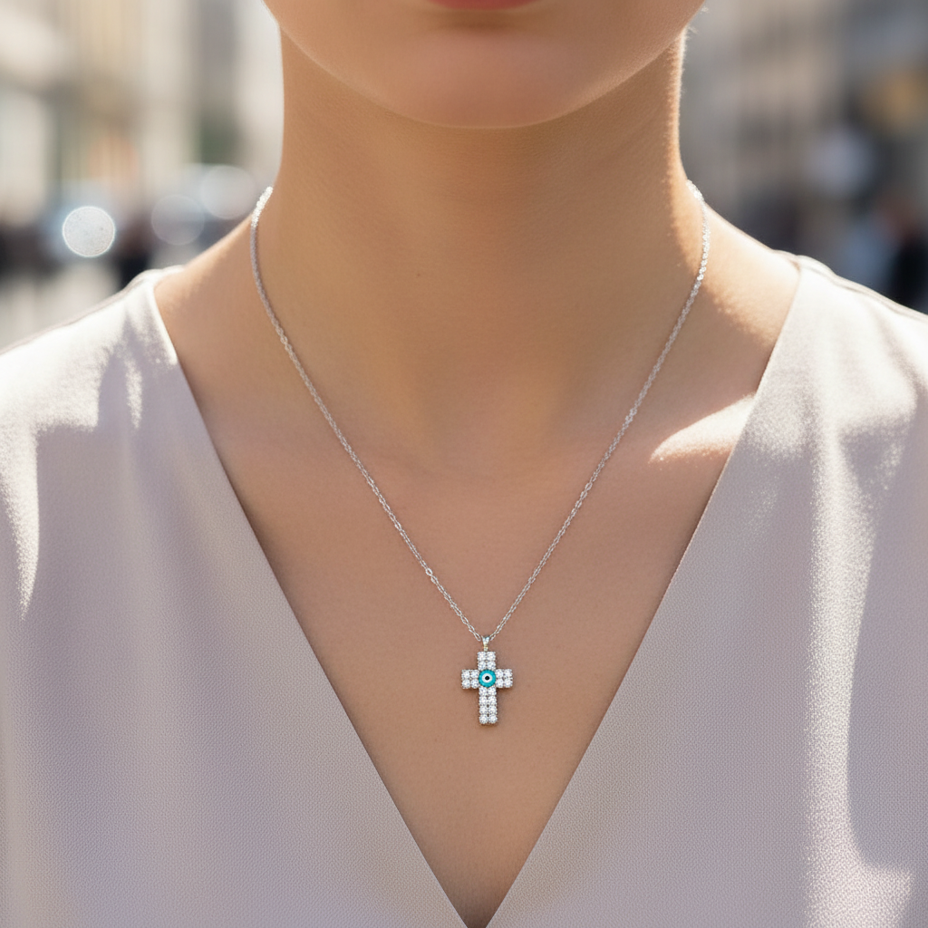 Lumi Eye Cross ατσάλινο κολιέ με σταυρό ζιργκόν και μπλε ματάκι So Cute by Dimi