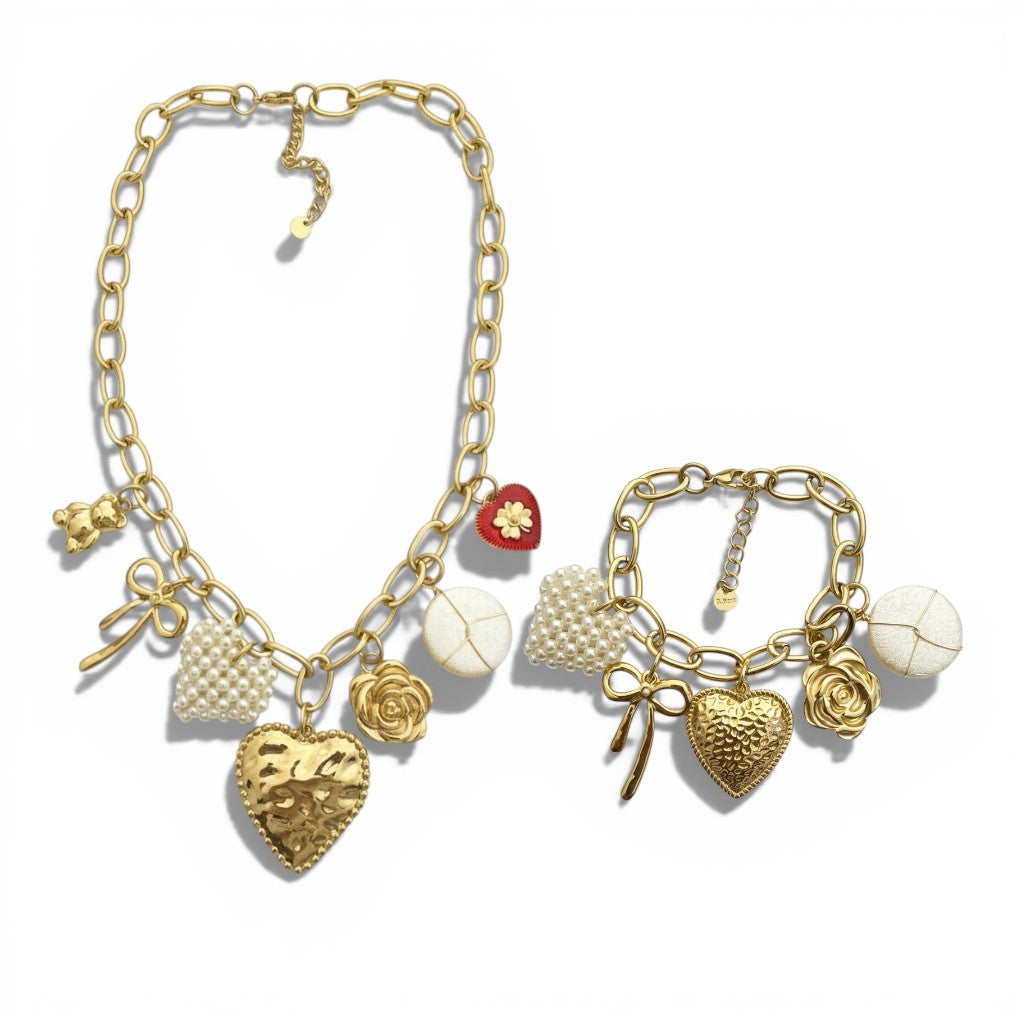 Charm Story ατσάλινο κολιέ & βραχιόλι με charms καρδιά πέρλες So Cute by Dimi