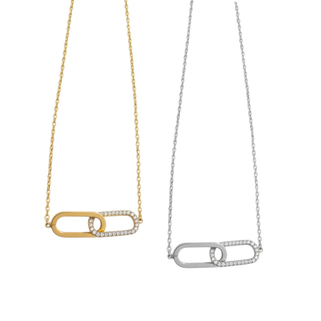 Linked Spark Necklace ατσάλινο κολιέ με δύο οβάλ κρίκους, ο ένας με ζιργκόν, σε χρυσό και ασημί So Cute by Dimi