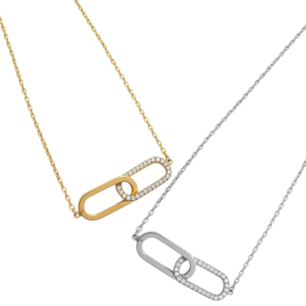 Linked Spark Necklace ατσάλινο κολιέ με δύο οβάλ κρίκους, ο ένας με ζιργκόν, σε χρυσό και ασημί So Cute by Dimi