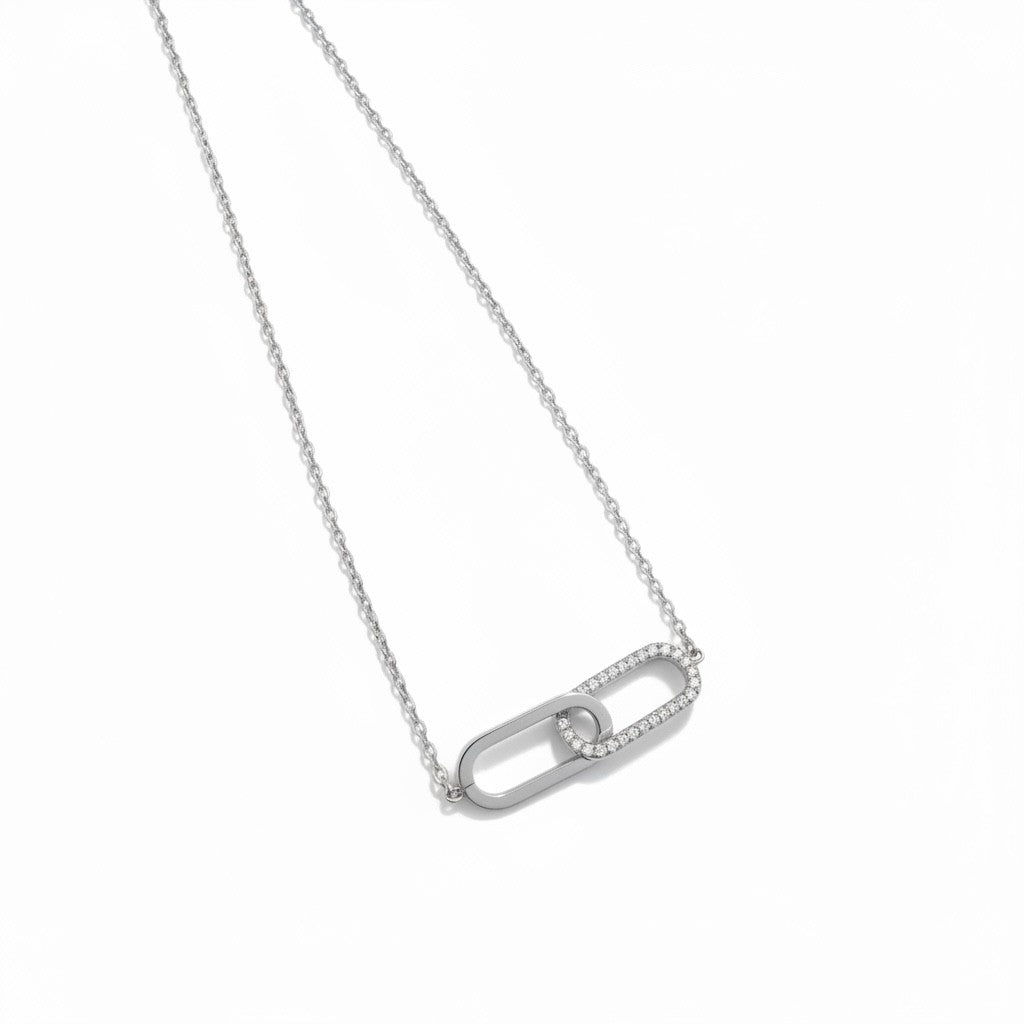 Linked Spark Necklace ατσάλινο κολιέ με δύο οβάλ κρίκους, ο ένας με ζιργκόν, σε  ασημί So Cute by Dimi