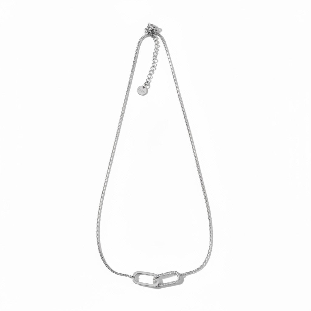 Linked Spark Necklace ατσάλινο κολιέ με δύο οβάλ κρίκους, ο ένας με ζιργκόν, σε  ασημί So Cute by Dimi