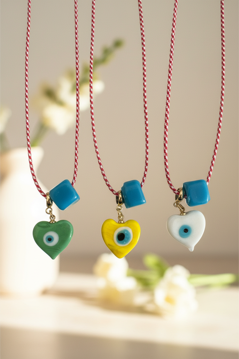 Χειροποίητο κολιέ Μάρτης Aegean Heart με lampwork καρδιά με μάτι και γυάλινο τυρκουάζ κύβο – So Cute by Dimi