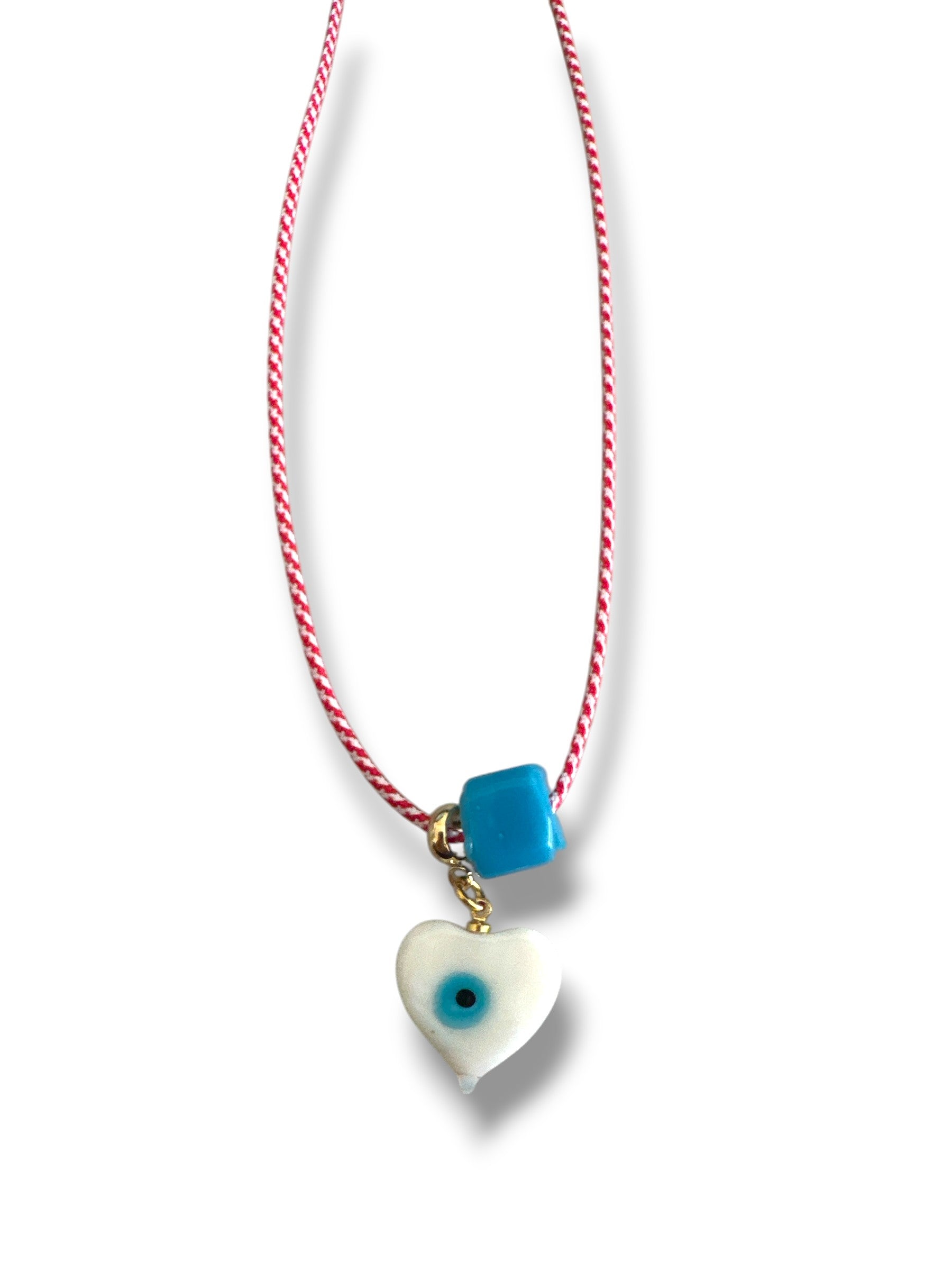 Χειροποίητο κολιέ Μάρτης Aegean Heart με lampwork καρδιά με μάτι και γυάλινο τυρκουάζ κύβο – So Cute by Dimi