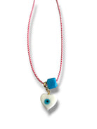 Χειροποίητο κολιέ Μάρτης Aegean Heart με lampwork καρδιά με μάτι και γυάλινο τυρκουάζ κύβο – So Cute by Dimi
