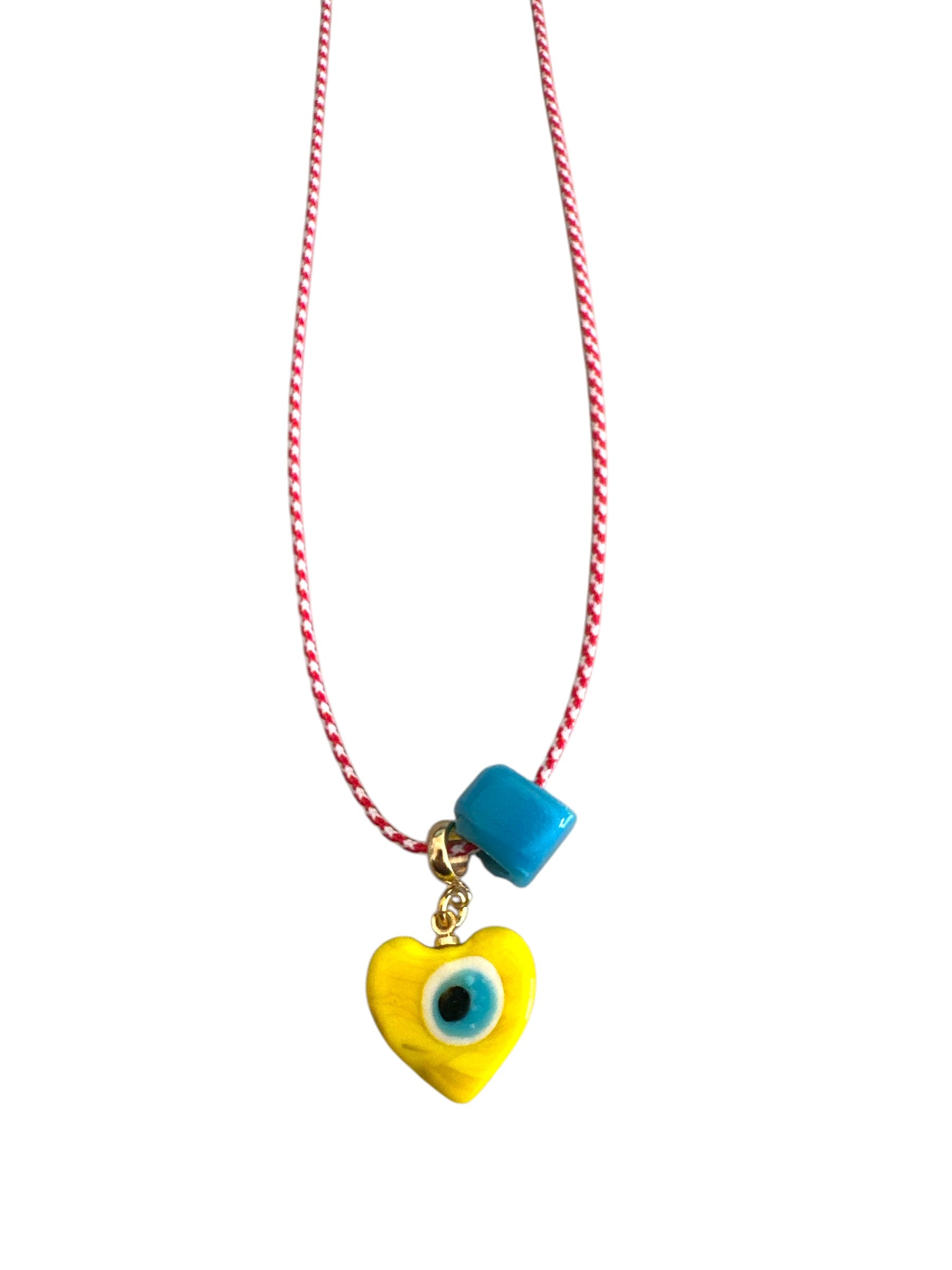 Χειροποίητο κολιέ Μάρτης Aegean Heart με lampwork καρδιά με μάτι και γυάλινο τυρκουάζ κύβο – So Cute by Dimi