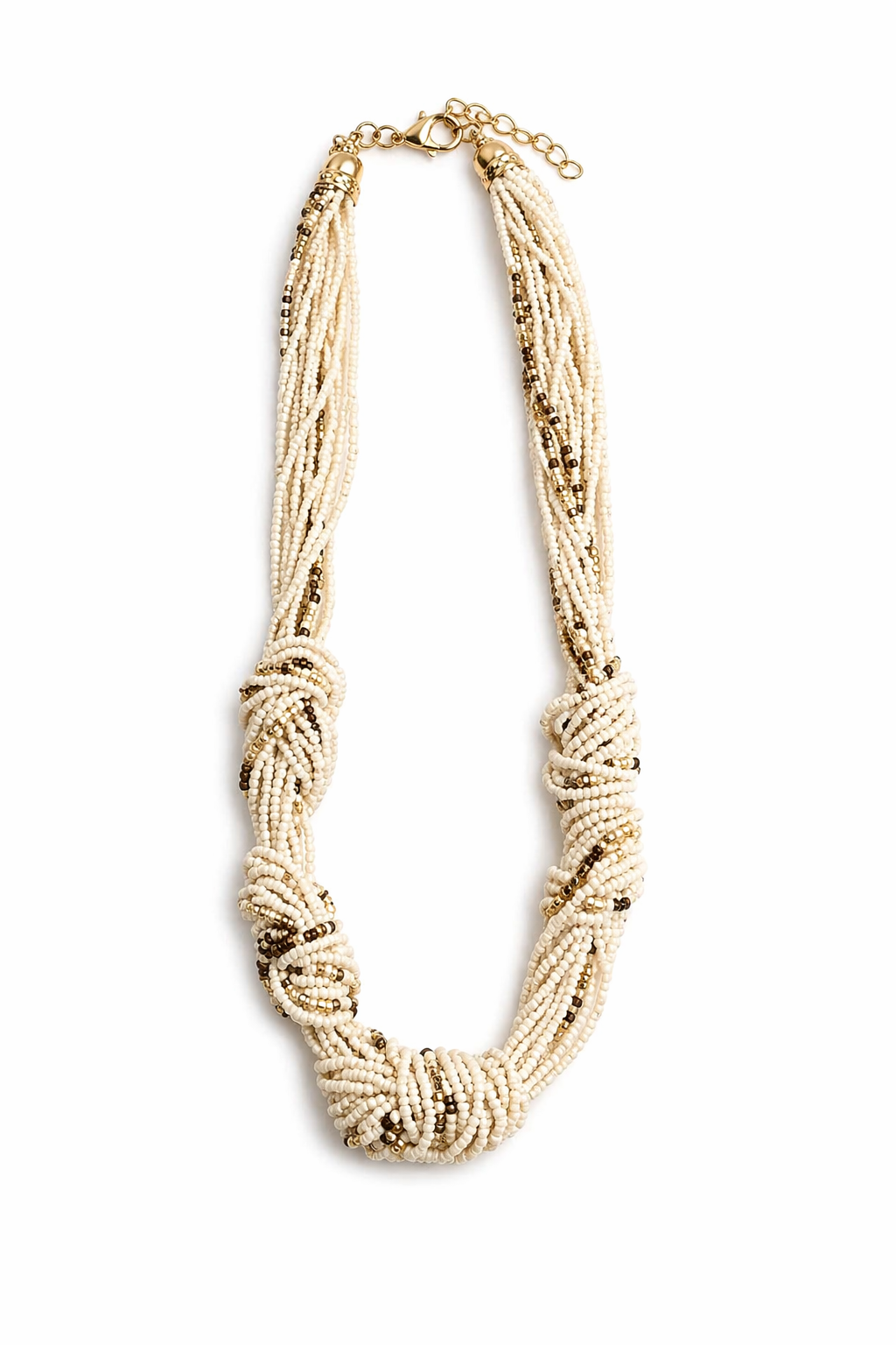 καλοκαιρινό κολιέ με χάντρες μπεζ Nomad Knot Beaded Necklace σε λευκό φόντο So Cute by Dimi