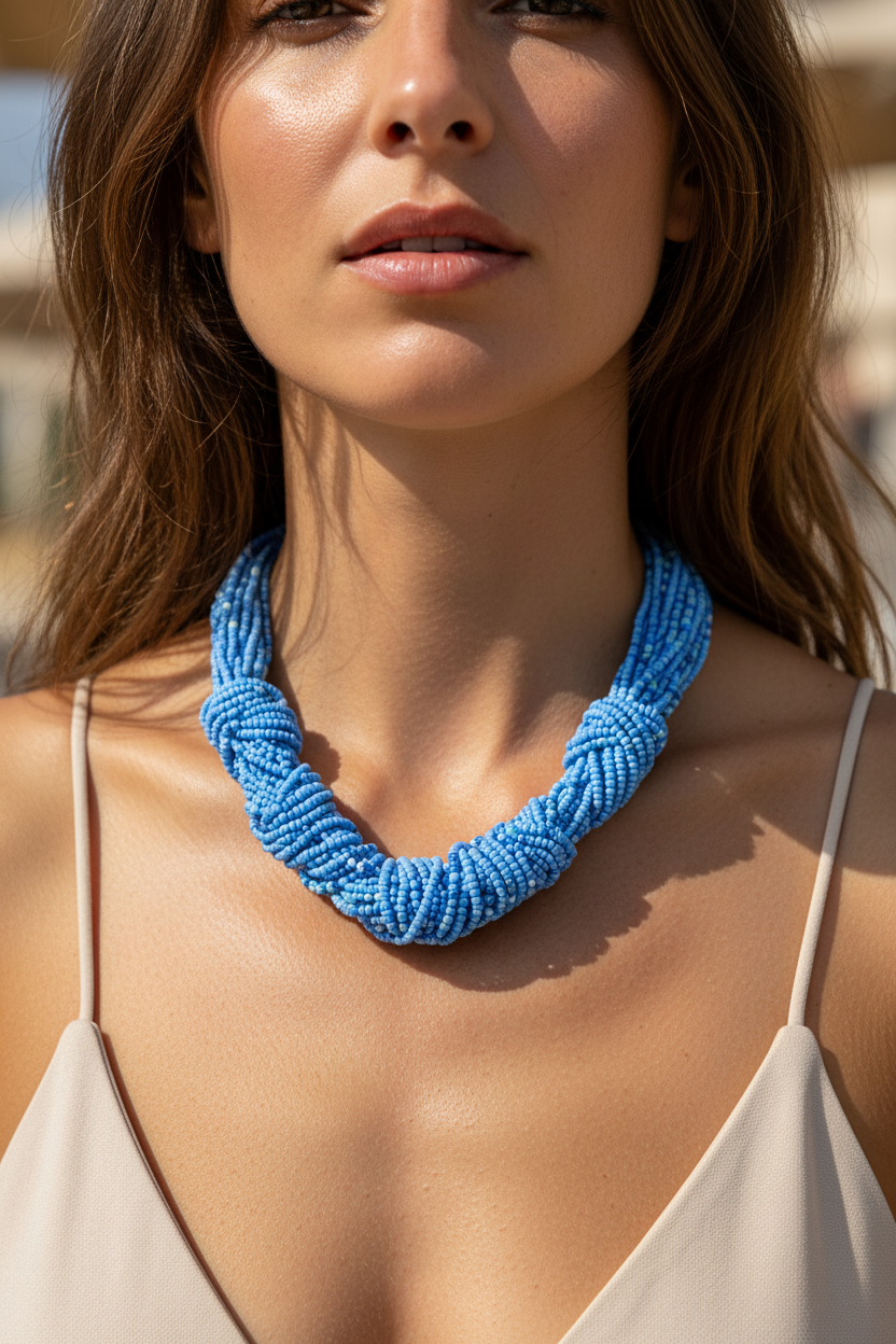 μοντέλο φοράει μπλε Nomad Knot Beaded Necklace με πολυσειρές χάντρες resort look So Cute by Dimi