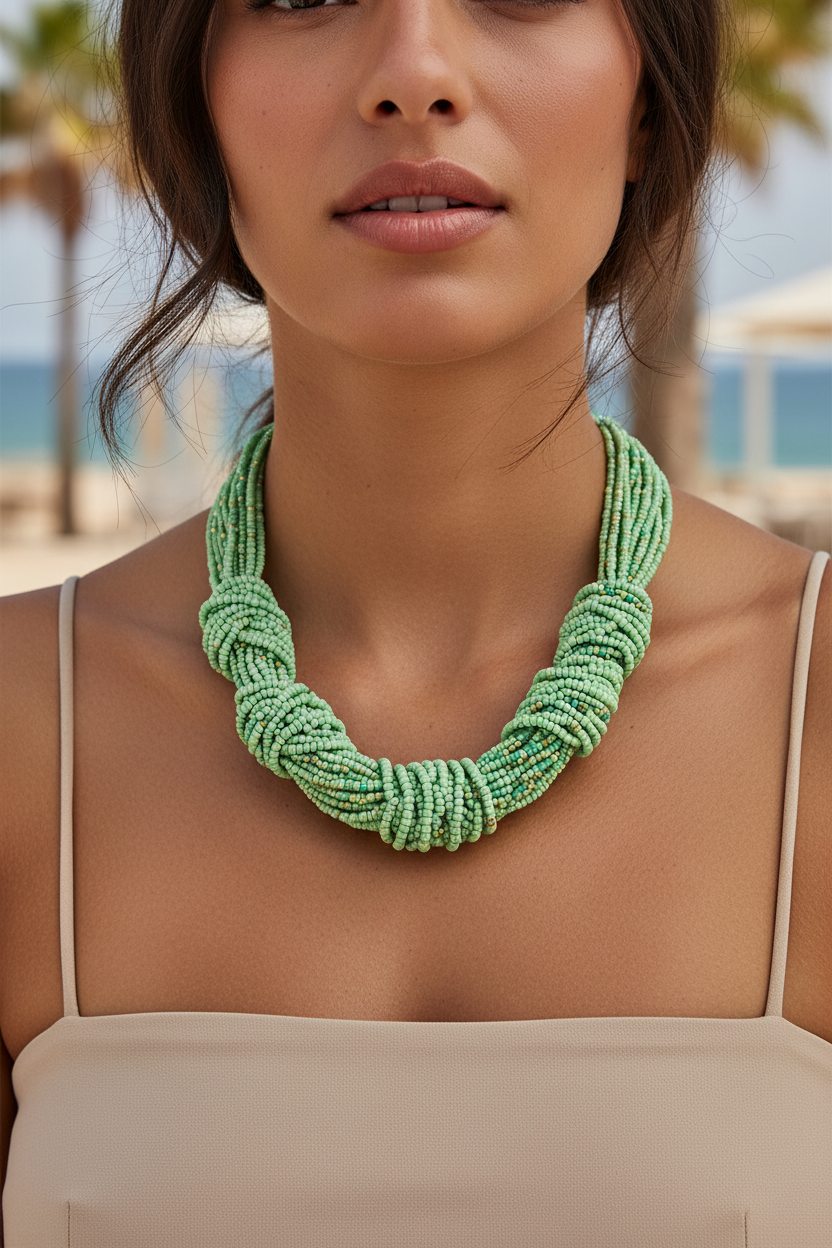 μοντέλο φοράει πράσινο Nomad Knot Beaded Necklace με layered χάντρες μοντέρνο summer styling So Cute by Dimi