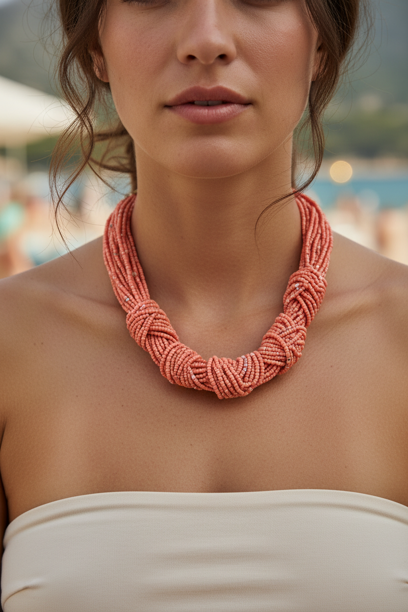 μοντέλο φοράει κοραλί Nomad Knot Beaded Necklace με statement χάντρες καλοκαιρινό outfit So Cute by Dimi