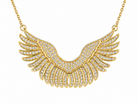 Vivienne Angel Wings Necklace ατσάλινο κολιέ με statement φτερά αγγέλου και λαμπερά ζιργκόν σε χρυσό χρώμα, κοντινή λήψη στο μοτίφ σε λευκο φόντο, so cute by dimi