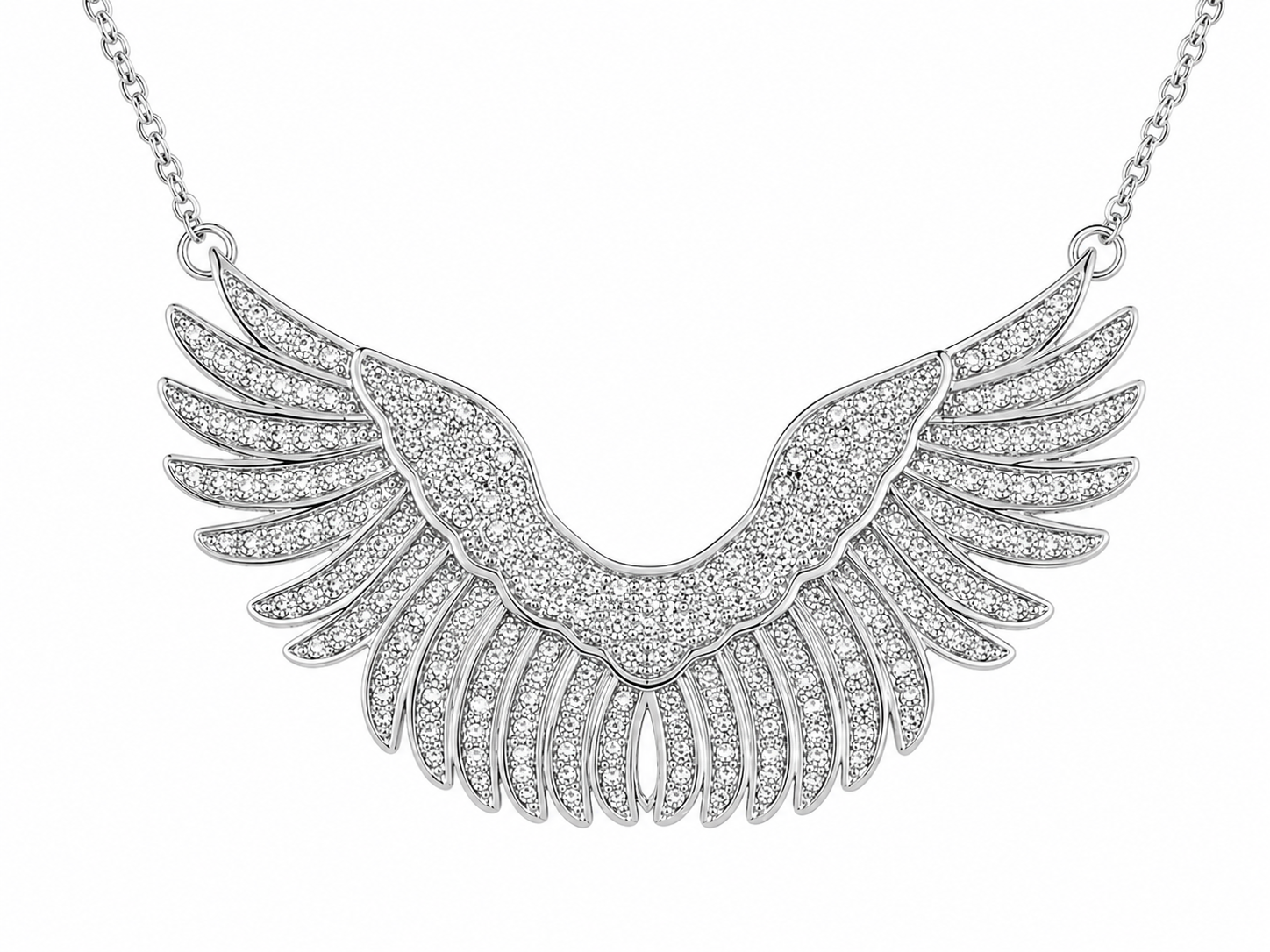 Vivienne Angel Wings Necklace ατσάλινο κολιέ με statement φτερά αγγέλου και λαμπερά ζιργκόν σε ασημί χρώμα, κοντινή λήψη στο μοτίφ σε λευκο φόντο, so cute by dimi