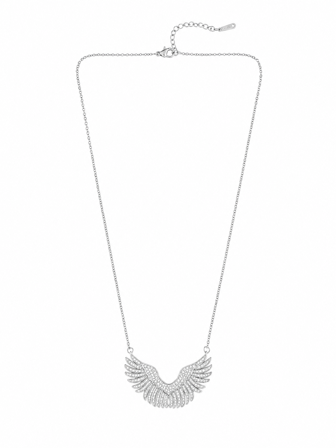 Vivienne Angel Wings Necklace ατσάλινο κολιέ με statement φτερά αγγέλου και λαμπερά ζιργκόν σε ασημί χρώμα,  σε λευκο φόντο, so cute by dimi