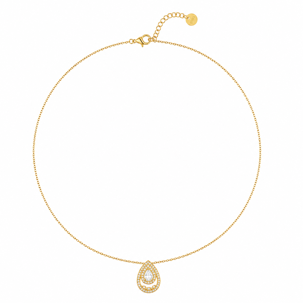 ÉLORÉA Drop Necklace ατσάλινο κολιέ με pear-cut ζιργκόν και pavé λεπτομέρειες σε χρυσό χρώμα με elegant luxury αισθητική, σε λευκό φόντο