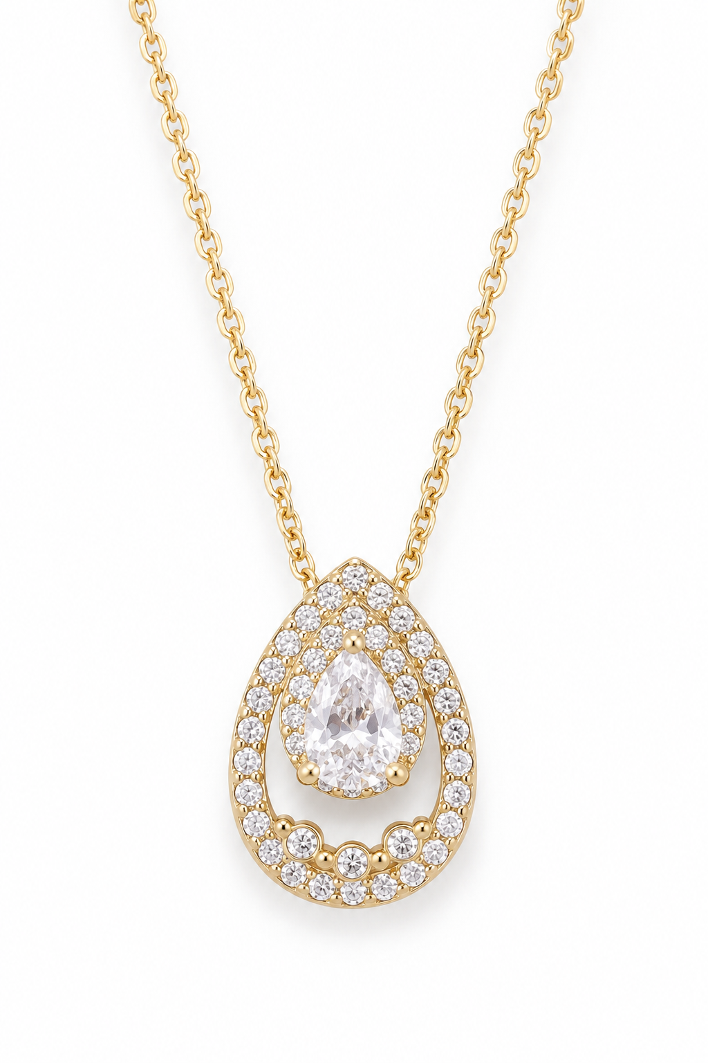 ÉLORÉA Drop Necklace ατσάλινο κολιέ με pear-cut ζιργκόν και pavé λεπτομέρειες σε χρυσόί χρώμα με elegant luxury αισθητική, κοντινή λήψη στο μοτίφ, σε λευκό φόντο