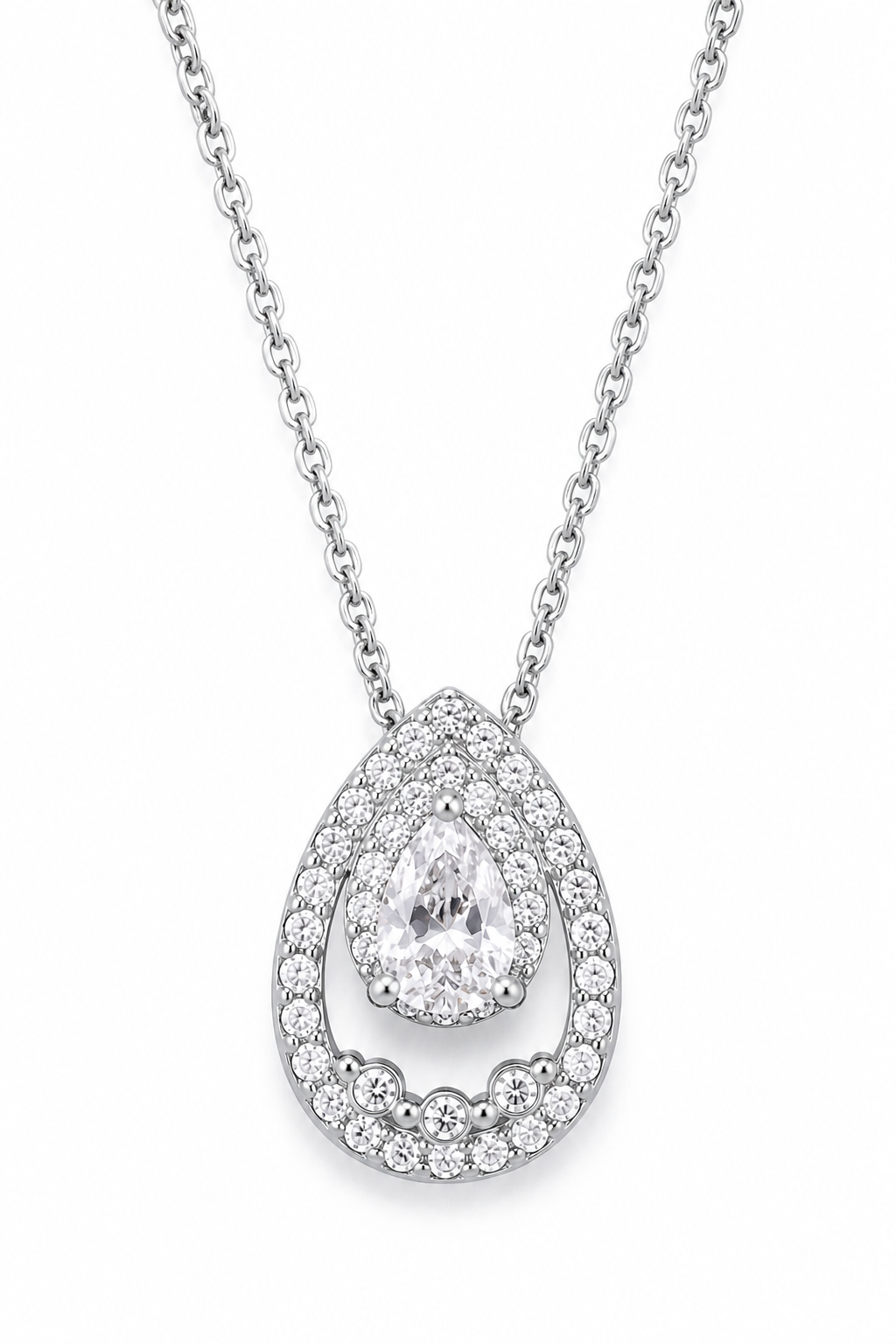 ÉLORÉA Drop Necklace ατσάλινο κολιέ με pear-cut ζιργκόν και pavé λεπτομέρειες σε ασημί χρώμα με elegant luxury αισθητική, κοντινή λήψη στο μοτίφ, σε λευκό φόντο