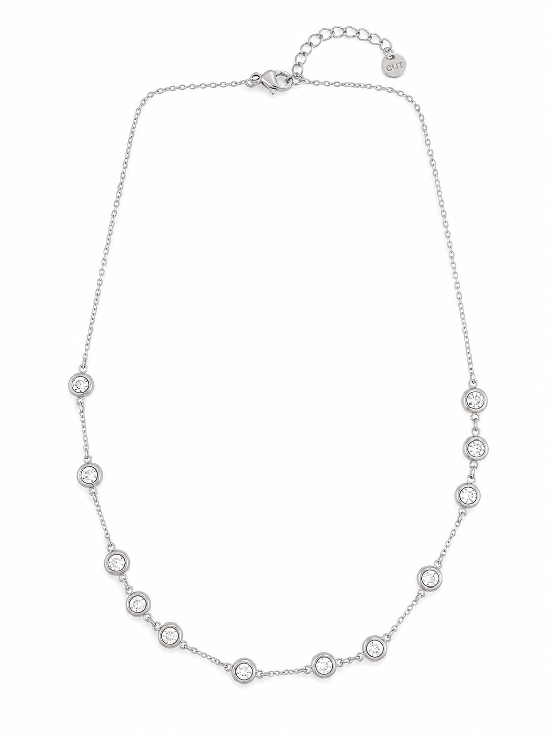 Ατσάλινο κολιέ Dione Luxe με asymmetrical bezel-set ζιργκόν σε  ασημί χρώμα σε λευκό φόντο.