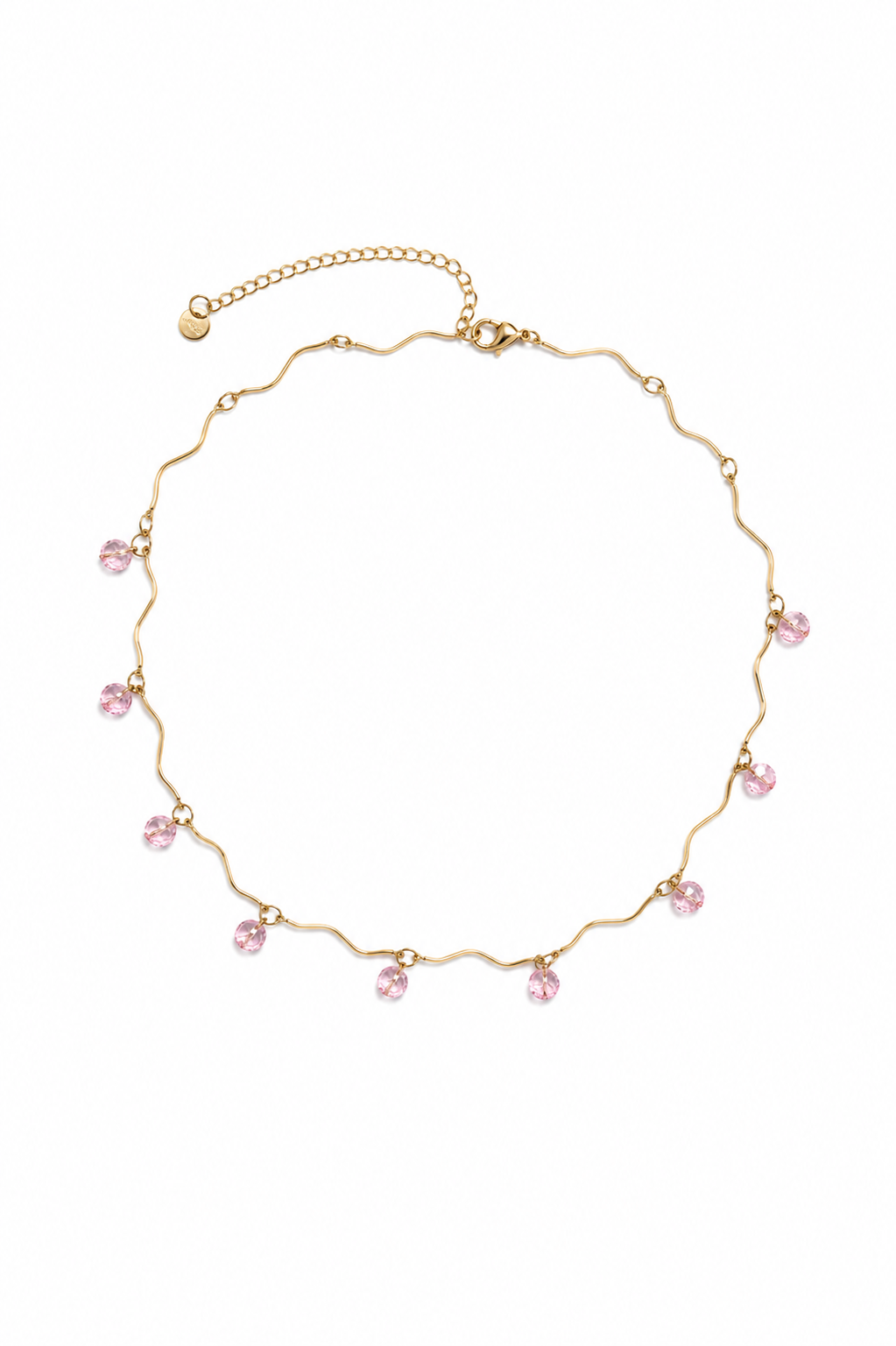 Wave Crystal Choker από ανοξείδωτο ατσάλι με κυματιστό σχέδιο και κρεμαστά ροζ κρυσταλλάκια, So Cute by Dimi