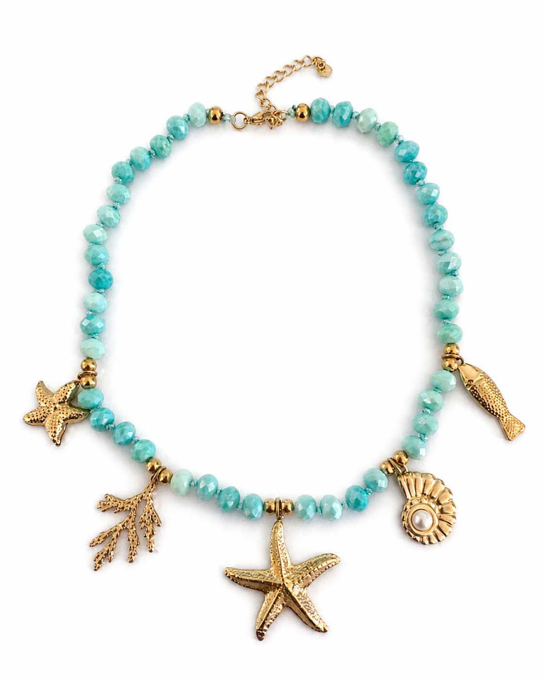 Mermaid's Secret ατσάλινο κολιέ με τυρκουάζ χάντρες και χρυσά θαλασσινά charms αστερία κοχύλι ψάρι και κοράλλι κωδικός 1-500-3495
