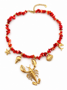 Ατσάλινο κολιέ Sicilian Lobster Necklace με κόκκινες χάντρες, χρυσά θαλασσινά charms και κεντρικό αστακό από το So Cute by Dimi