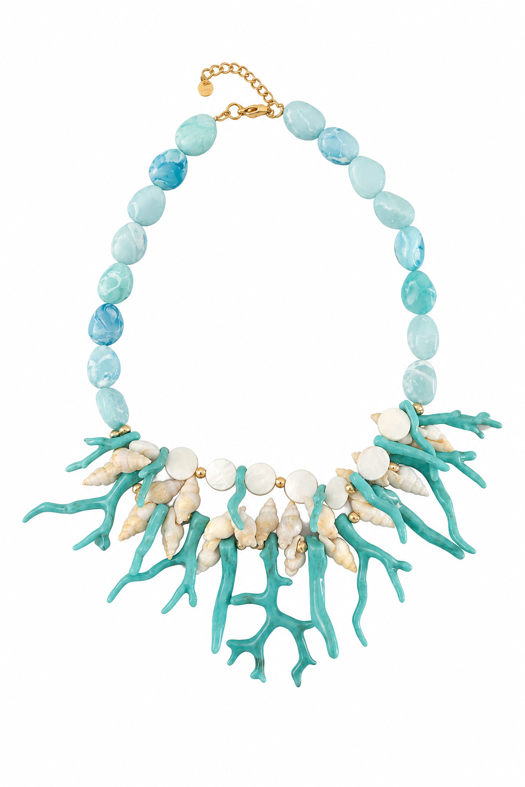 Shell & Coral Necklace, δίσειρο καλοκαιρινό κολιέ So Cute By Dimi με mother of pearl χάντρες, κοχύλια, κοράλλια και ατσάλινα μεταλλικά μέρη.