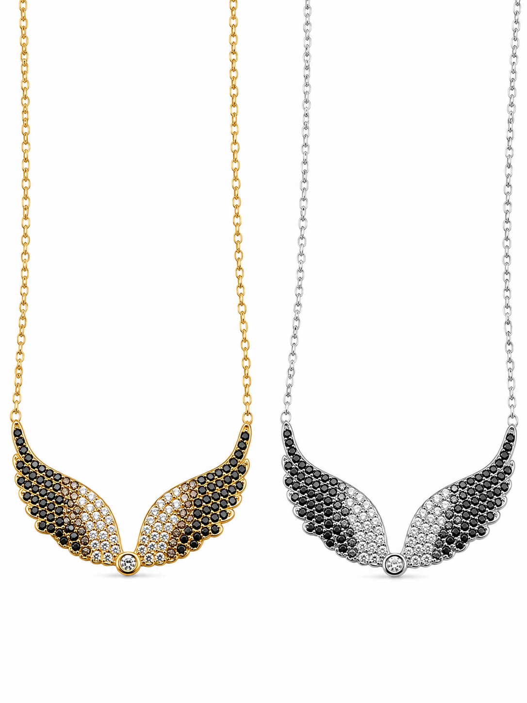 Alis Necklace ατσάλινο κολιέ με φτερά αγγέλου και τρίχρωμα ζιργκόν σε χρυσό και ασημί χρώμα