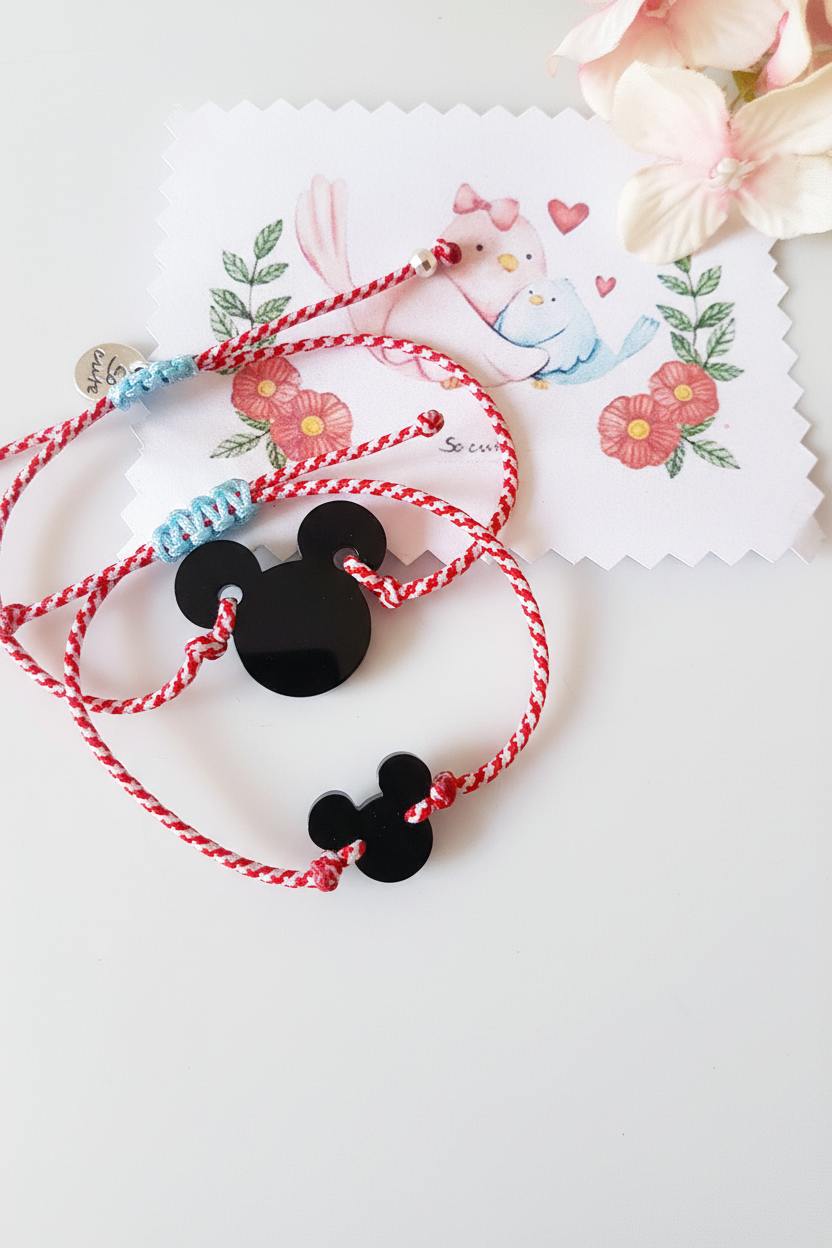 Σετ 2 χειροποίητα βραχιόλια Μάρτης Mickey από πλεξιγκλάς με ριγέ κόκκινο κορδόνι – So Cute by Dimi