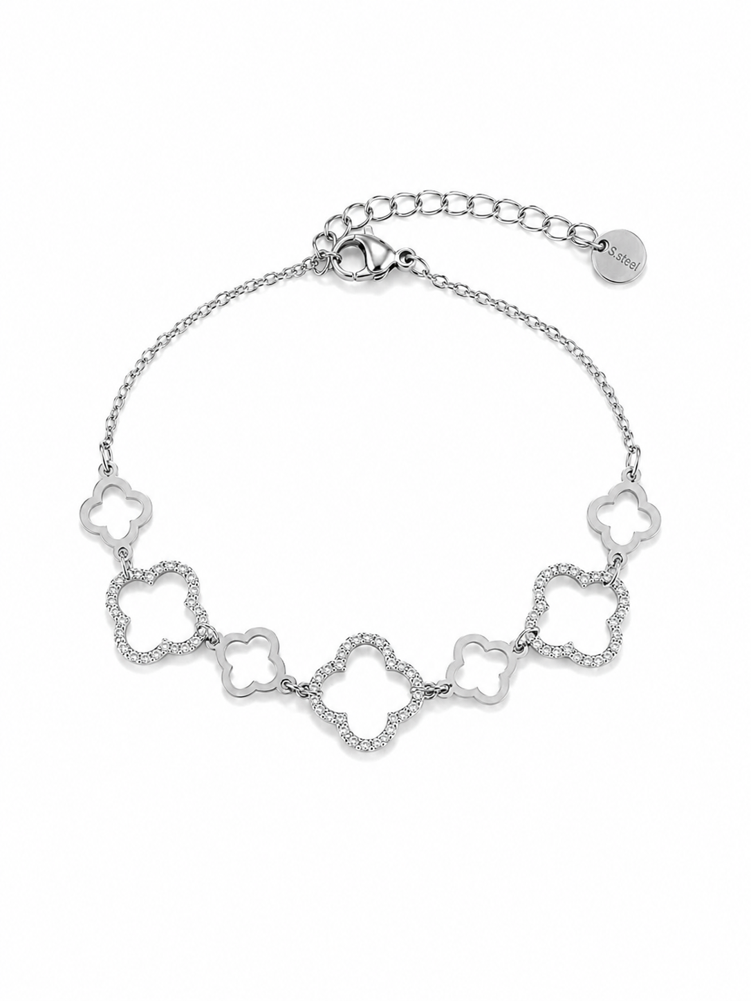 Βραχιόλι Clover Outline από ανοξείδωτο ατσάλι με εναλλασσόμενα μοτίφ τετράφυλλου και μεγάλα περιγράμματα διακοσμημένα με ζιργκόν.