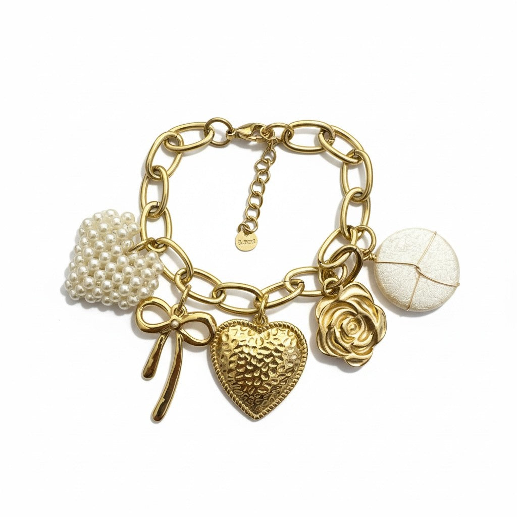 Charm Story Bracelet ατσάλινο βραχιόλι με charms καρδιά πέρλες So Cute by Dimi