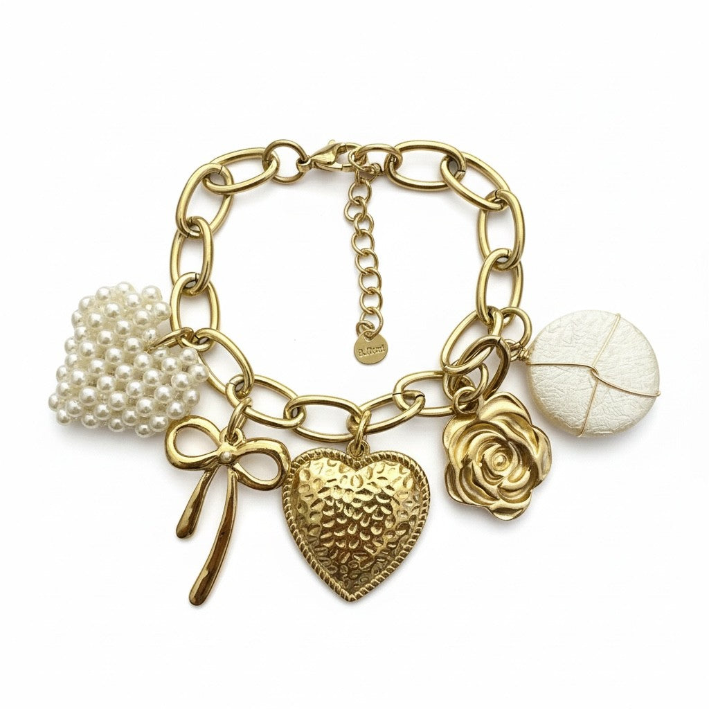 Charm Story Bracelet ατσάλινο βραχιόλι με charms καρδιά πέρλες So Cute by Dimi